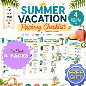 Può includere: Un elenco di controllo per le vacanze estive con le parole "Summer Vacation Packing Checklist". L'immagine include una valigia, un cappello e quattro liste di controllo stampabili. L'immagine include anche le parole "Plan, Pack, Travel, Enjoy."