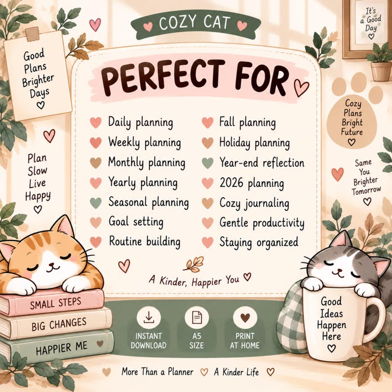 Daily Weekly Monthly Yearly Planner Printable | Cozy Cat Planner | US ...