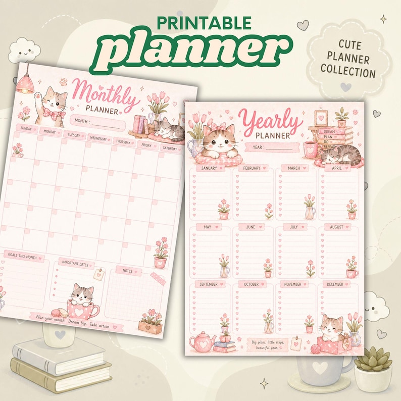 Cozy Cat Printable Planner Bundle: Undated Daily Weekly Monthly Yearly ...