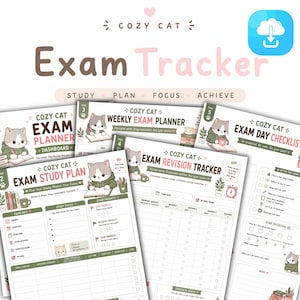 May include: A digital exam tracker set featuring multiple pages titled Cozy Cat Exam Planner, Study Plan, Weekly Exam Planner, Revision Tracker, and Exam Day Checklist. Each page includes illustrations of a cartoon cat and study-themed icons.
