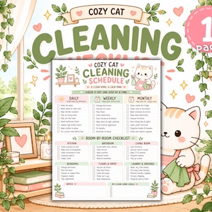 Puede incluir: Un horario de limpieza imprimible titulado Cozy Cat Cleaning Schedule con una ilustración de un gato. El documento incluye listas de tareas diarias, semanales y mensuales, una lista de verificación por habitación y secciones de notas y metas.