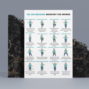 Peut inclure: Une affiche intitul&eacute;e "Tai Chi Walking Workout for Women" avec des instructions d'exercices illustr&eacute;es. L'affiche pr&eacute;sente divers mouvements de Tai Chi avec du texte, notamment "Cloud Pacing Move" et "Golden Heron Pace".