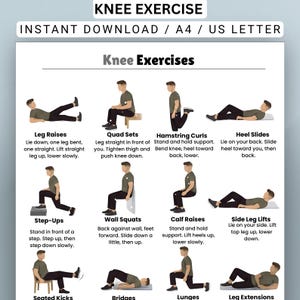Könnte beinhalten: Ein digitales Übungsblatt mit dem Titel KNEE EXERCISE, INSTANT DOWNLOAD, A4, US LETTER. Es zeigt zwölf Illustrationen einer Person bei Knieübungen mit begleitendem Text für jede Übung, einschließlich Leg Raises, Quad Sets und Lunges.