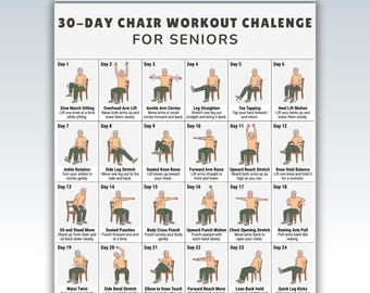 Défi 30 jours d'entraînement assis pour hommes âgés à imprimer, exercices sur chaise pour personnes âgées, entraînement sur chaise à domicile, exercices assis à faible impact