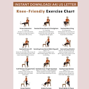 Esercizi per le ginocchia per anziani stampabili, forza e mobilità delicate per le ginocchia, esercizi da sedia per le ginocchia, poster di fitness per anziani da scaricare immediatamente
