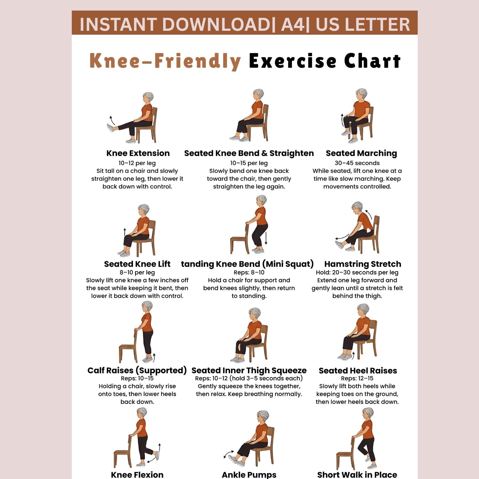 Knee Exercises for Seniors Printable, Gentle Knee Strength & Mobility ...