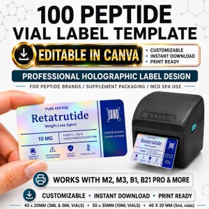 Może przedstawiać: Cyfrowy szablon 100 etykiet na fiolki z peptydami o holograficznym wzorze. Etykieta zawiera tekst, w tym Retatrutide, 10 MG, informacje o czystości, kod kreskowy i ikony bezpieczeństwa. Czarna drukarka termiczna drukuje etykietę.