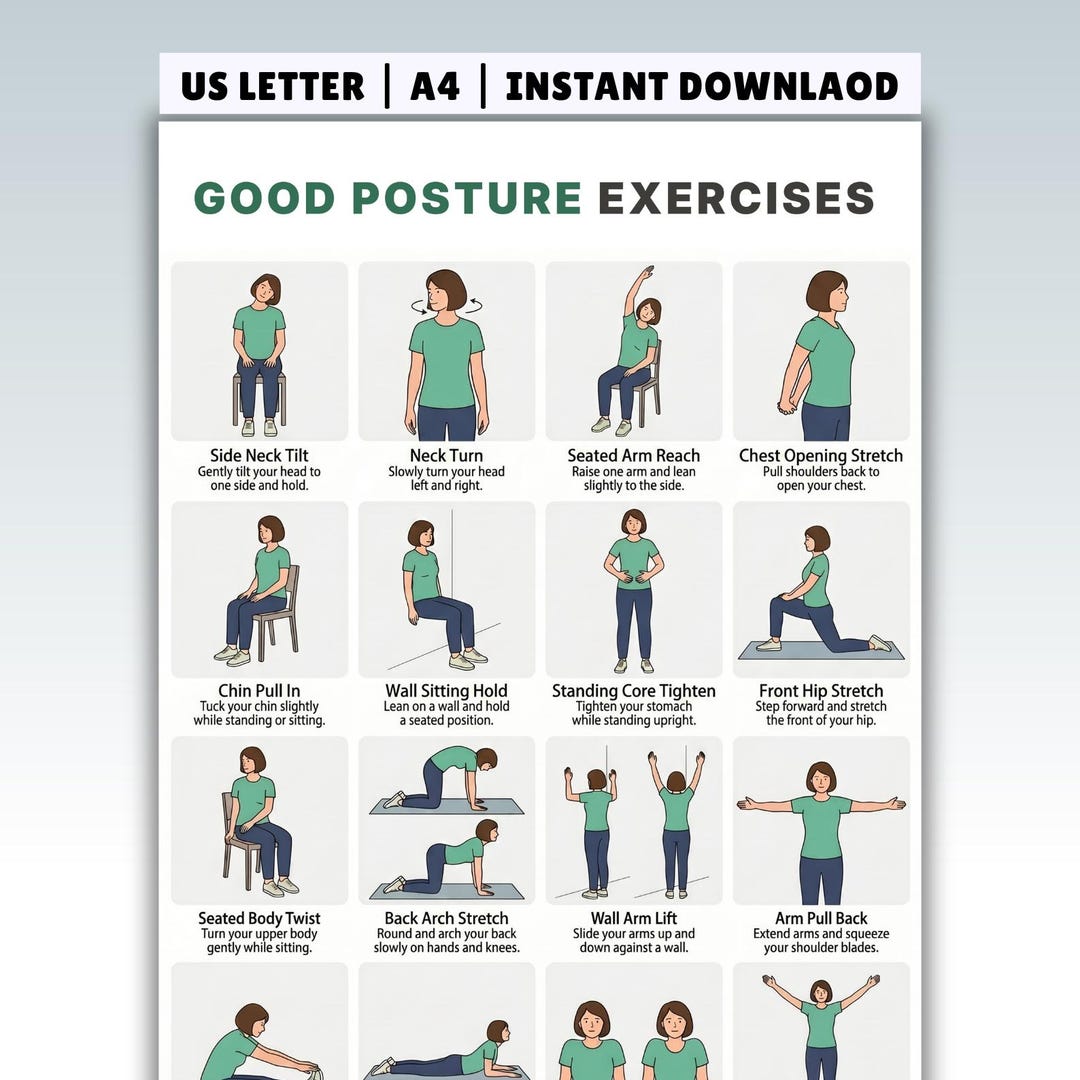 Good Posture Exercises Chart | Printable Back and Neck Workout Poster ...