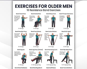 Ejercicios para hombres mayores (imprimibles), 16 ejercicios con bandas de resistencia, tabla de entrenamiento en casa, rutina de fortalecimiento de pie, descarga digital instantánea en PDF.
