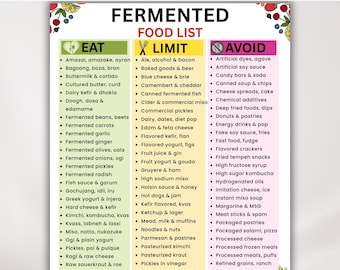 Lista imprimible de alimentos fermentados / Tabla de alimentos para el bienestar digestivo / Consume, limita y evita los alimentos fermentados / Guía de alimentos probióticos / Descarga instantánea