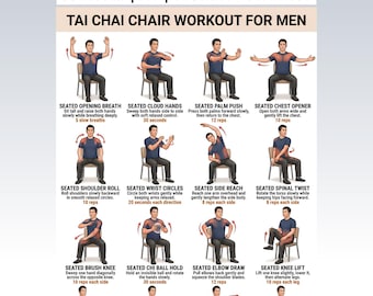 16 Tai Chi Chair Workouts For Men, Printable Seated Tai Chi Exercise Chart PDF, Gentle Senior Chair Workout Poster, Elderly Tai Chi Guide