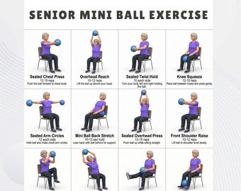 Rutina de ejercicios con mini pelota para personas mayores / 16 ejercicios con mini pelota sentado para personas mayores / Fuerza y movilidad de bajo impacto (PDF imprimible)