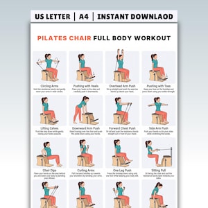 May include: A Pilates chair full body workout guide with 12 illustrated exercises. Each exercise shows a woman performing a different movement, including circling arms, pushing with heels, and overhead arm push. The guide is available for instant download.