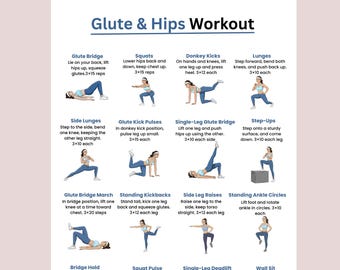 Entrenamiento de glúteos y caderas / Entrenamiento de piernas y glúteos para mujeres / Póster imprimible de ejercicios para gimnasio en casa / Tabla de ejercicios para la parte inferior del cuerpo / Tabla de fitness para pared