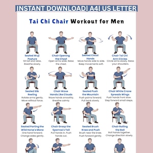 Esercizi di Tai Chi sulla sedia per uomini stampabili, tabella degli esercizi di Tai Chi sulla sedia in PDF, stampe di esercizi sulla sedia, guida all'allenamento delicato a casa