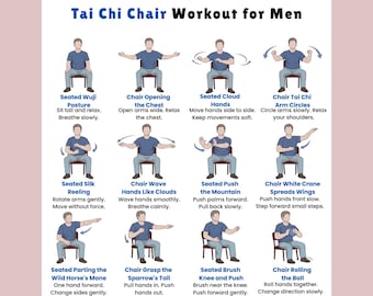Imprimables séances d'entraînement de tai-chi sur chaise pour hommes | Entraînement assis à domicile pour la force, l'équilibre et la mobilité | Téléchargement instantané du PDF