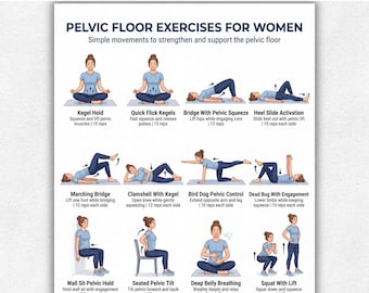 Ejercicios para el suelo pélvico para mujeres (imprimible) – Rutina de Kegel en PDF / Rutina de fortalecimiento del core y estabilidad pélvica / Tabla de ejercicios para principiantes en casa