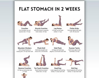 Vientre plano en 2 semanas, rutina de ejercicios para quemar grasa abdominal, ejercicios abdominales imprimibles, reto de 14 días, plan de entrenamiento abdominal en casa para mujeres