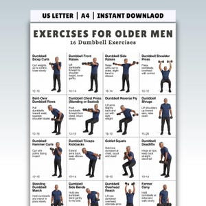 May include: A printable workout guide titled "EXERCISES FOR OLDER MEN" with 16 dumbbell exercises. The guide includes illustrations and instructions for each exercise, such as bicep curls, front raises, and shoulder presses. The text "US LETTER | A4 | INSTANT DOWNLOAD" is at the top.