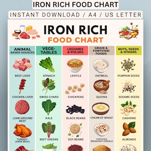 Può includere: Una tabella informativa intitolata IRON RICH FOOD CHART con categorie per fonti animali, verdure, legumi, cereali e alimenti fortificati, e noci, semi e altro. Mostra illustrazioni di vari prodotti alimentari.