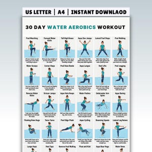 Pode incluir: Um gráfico de treino de aeróbica aquática de 30 dias, imprimível, com exercícios ilustrados. O gráfico inclui exercícios como marcha na piscina, saltos de estrela aquáticos e elevações laterais das pernas. O texto no topo diz "30 DIAS DE TREINO DE AERÓBICA AQUÁTICA".