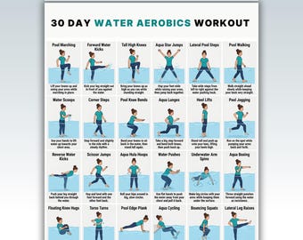 Défi d'entraînement aquatique de 30 jours à imprimer, plan d'entraînement en piscine, tableau d'exercices d'aquagym, affiche d'entraînement aquatique complet