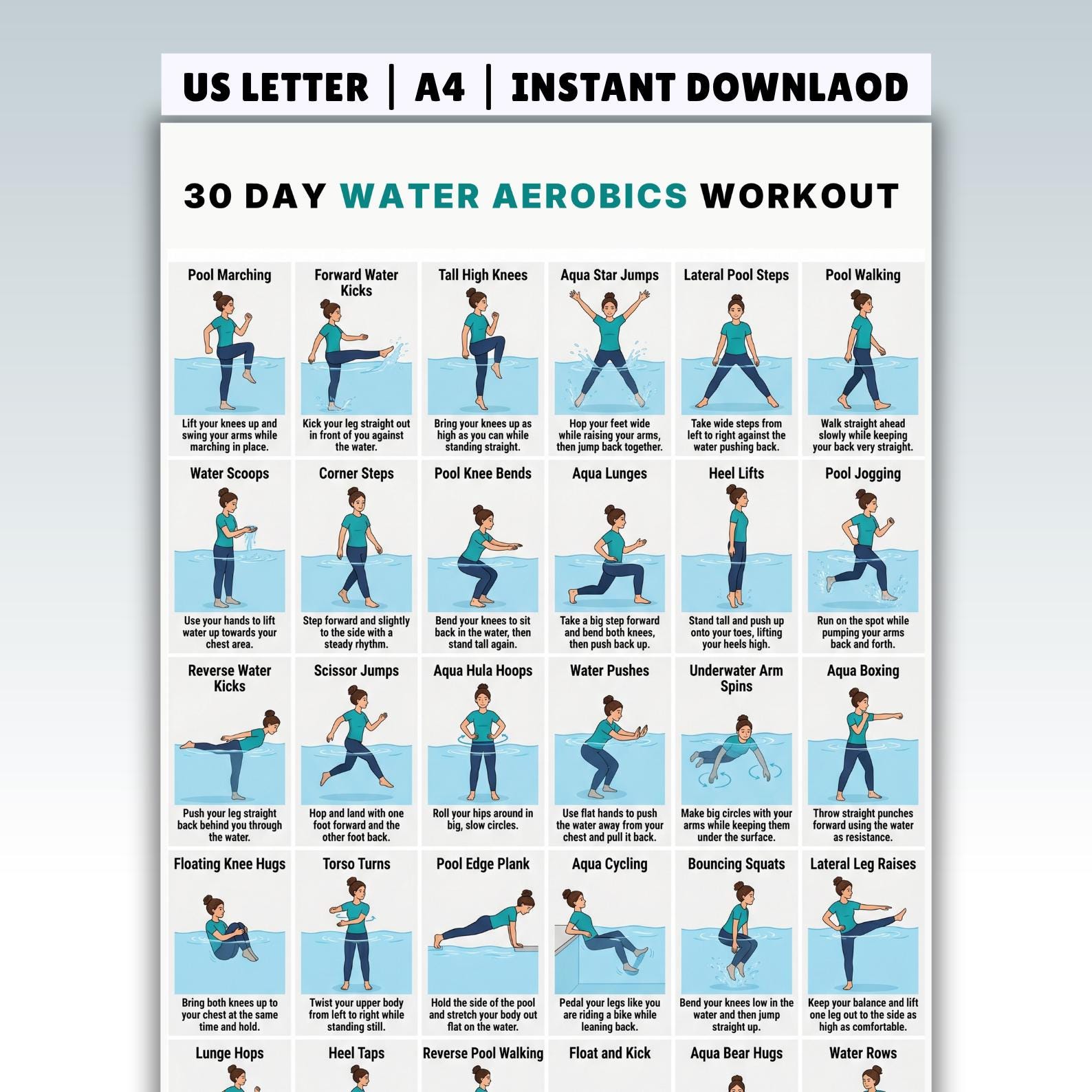 Water Yoga Routine Printable 30 Day Water Aerobics Workout Challenge Printable, Pool Workout Plan ...