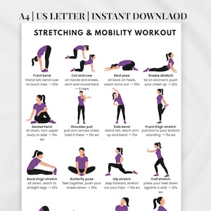May include: A printable workout guide featuring stretching exercises. The guide includes exercises such as front bend, cat and cow, rest pose, snake stretch, seated twist, shoulder pull, side bend, and front thigh stretch. Text at the top reads "STRETCHING & MOBILITY WORKOUT."