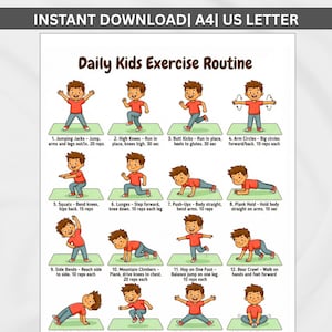 Può includere: Una routine di esercizi stampabile per bambini, con 12 esercizi illustrati e istruzioni. Gli esercizi includono jumping jacks, ginocchia alte, squat e flessioni. Il testo in alto recita "INSTANT DOWNLOAD | A4 | US LETTER".