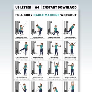 May include: A full-body cable machine workout guide with illustrations of various exercises. The guide includes exercises such as cable-assisted squats, standing cable hinge, and cable chest hugs. The text at the top reads "US LETTER | A4 | INSTANT DOWNLOAD".