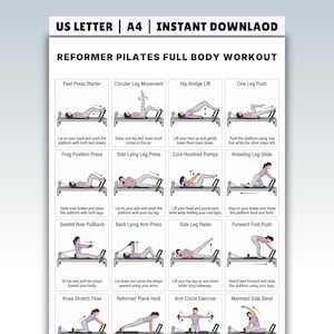 Op de afbeelding: Een witte printbare afbeelding met een Reformer Pilates full body workout routine. De lay-out bevat geïllustreerde oefeningen met instructies, zoals "Feet Press Starter" en "Circular Leg Movement". De tekst bovenaan luidt "US LETTER | A4 | INSTANT DOWNLOAD".