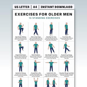 Puede incluir: Un gráfico de ejercicios titulado "Ejercicios para hombres mayores" con 16 ejercicios de pie. El gráfico incluye ilustraciones e instrucciones para cada ejercicio, como caminar con rodillas altas y transferencias de peso laterales. El texto "US LETTER | A4 | INSTANT DOWNLOAD" está en la parte superior.