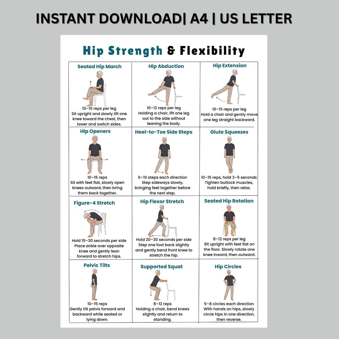 Hips Exercises for Seniors Printable, Hip Strength & Flexibility ...