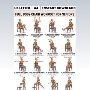 May include: A digital chart titled FULL BODY CHAIR WORKOUT FOR SENIORS featuring twelve numbered illustrations of a person in a green shirt and grey pants performing seated exercises on a wooden chair, with text instructions for each movement.