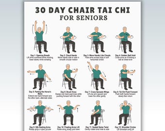 30 jours de tai-chi sur chaise pour personnes âgées PDF imprimable, programme d'exercices d'équilibre assis et de mobilité pour la routine quotidienne à la maison
