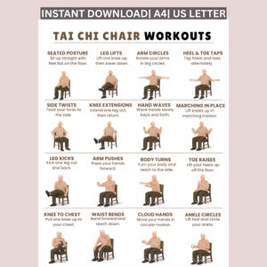 Esercizi di Tai Chi sulla sedia stampabili, programma di esercizi delicati, tabella di esercizi da seduti in PDF, download digitale, allenamento fitness per anziani.