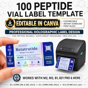 Może przedstawiać: Holograficzny szablon etykiety na fiolki z peptydami z tekstem Retatrutide Weight Loss Agent, 10 MG, czystość 99% i data ważności 12/12/2026. Etykieta zawiera ikony przechowywania, kod kreskowy i jest kompatybilna z drukarkami M2, M3, B1 oraz B21 PRO.