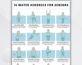 Aeróbic acuático para personas mayores (imprimible), póster con rutina de ejercicios acuáticos, entrenamiento de bajo impacto en piscina para personas mayores (PDF), aquagym para adultos mayores