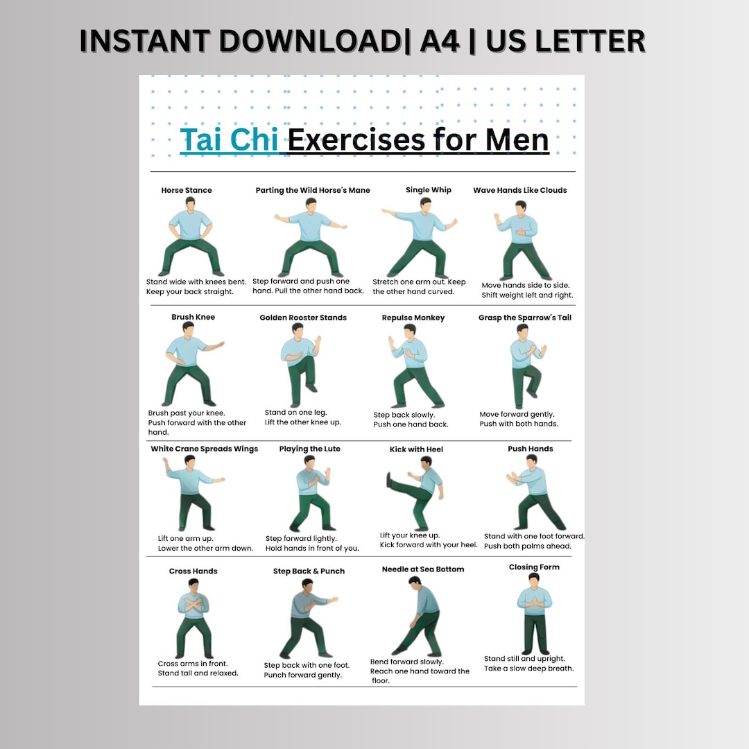 Tai Chi Exercises for Men Printable, Tai Chi Workout Chart PDF, Balance ...
