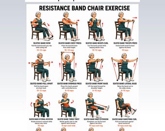 Ejercicios en silla con bandas de resistencia para personas mayores, tabla de ejercicios de movilidad en silla, póster de ejercicios en casa para la prevención de caídas en personas mayores (PDF).