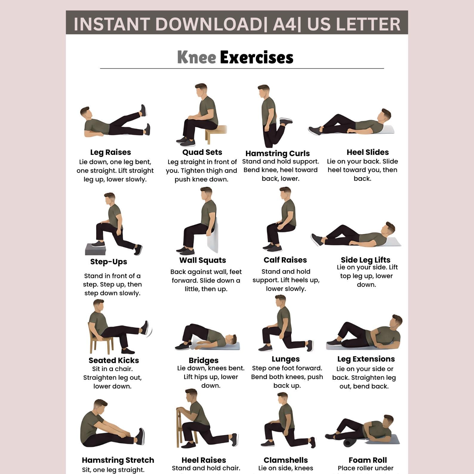 Knee Exercises Chart Printable, Knee Friendly Poster, Senior Workout ...