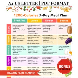 Pode incluir: Um plano de refeições de 7 dias e 1200 calorias, com opções para pequeno-almoço, almoço, jantar e lanches. O plano inclui uma variedade de alimentos, como ovos, frango, peixe, vegetais e frutas. O plano está em formato A4 US Letter PDF.