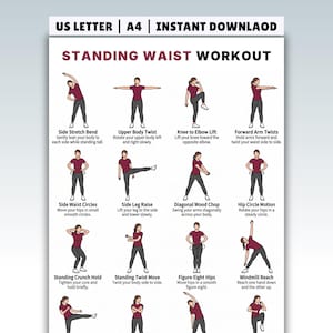 Può includere: Una guida fitness stampabile bianca intitolata "STANDING WAIST WORKOUT" con illustrazioni di esercizi. La guida include esercizi come Side Stretch Bend, Upper Body Twist e Knee to Elbow Lift. La guida è progettata per il download immediato.