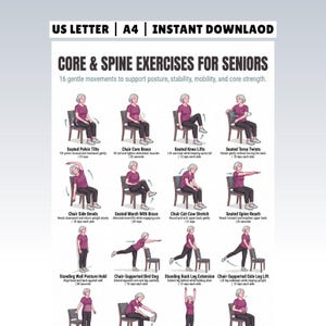 Op de afbeelding: Een digitale instructieposter getiteld CORE & SPINE EXERCISES FOR SENIORS met 16 illustraties van een persoon in een bordeauxrood shirt en zwarte broek die zittende en staande oefeningen uitvoert. Tekst bevat US LETTER | A4 | INSTANT DOWNLAOD.