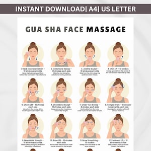 Puede incluir: Una guía de masaje facial Gua Sha con 12 pasos, cada uno ilustrado con una mujer que demuestra la técnica. La guía incluye instrucciones para el masaje de cuello, mandíbula, mejillas y frente, promoviendo la relajación facial y el cuidado de la piel. El texto "GUA SHA FACE MASSAGE" está en la parte superior.