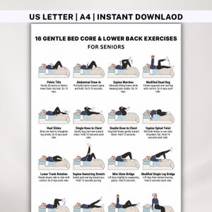 Könnte beinhalten: Ein Übungsblatt mit dem Titel 16 Gentle Bed Core & Lower Back Exercises for Seniors, das Illustrationen einer Person bei verschiedenen Bewegungen auf einem Bett zeigt, darunter Beckenkippen, Fersengleiten und Brücken, inklusive schriftlicher Anleitungen.