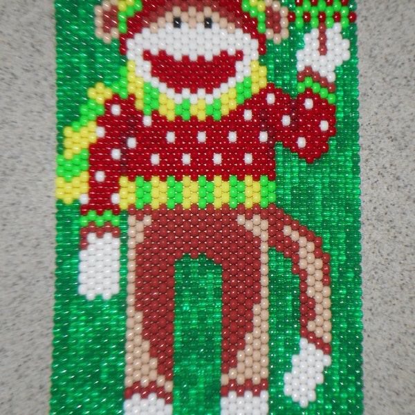 Handmade Hand Beaded Christmas Sock Monkey Holding Tree  Beaded Banner with Nylon Cord Hanger