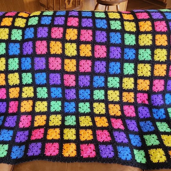 Handmade Crocheted Granny Square Midnight Brites Afghan Blanket Throw