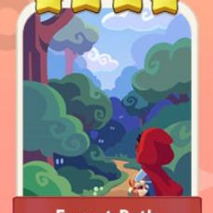 以下が含まれることがあります： 森の小道のシーンを描いた額入りのイラスト。青い空の下、緑豊かな森の中を曲がりくねった小道が描かれています。赤いフードをかぶった人物が小道にいます。「Forest Path」の文字が下部に表示されています。