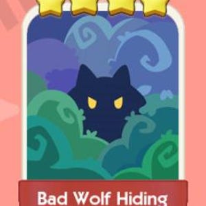 May include: A rectangular graphic with a cartoon wolf hiding in green and blue foliage. The wolf is dark blue with yellow eyes. Above the image are four yellow stars. The text "Bad Wolf Hiding" is in a red banner at the bottom.